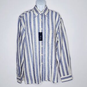 Cellini 100% Linen Shirt Blue Ivory Stripe Long Sleeve Front Button Sz 56 XXL